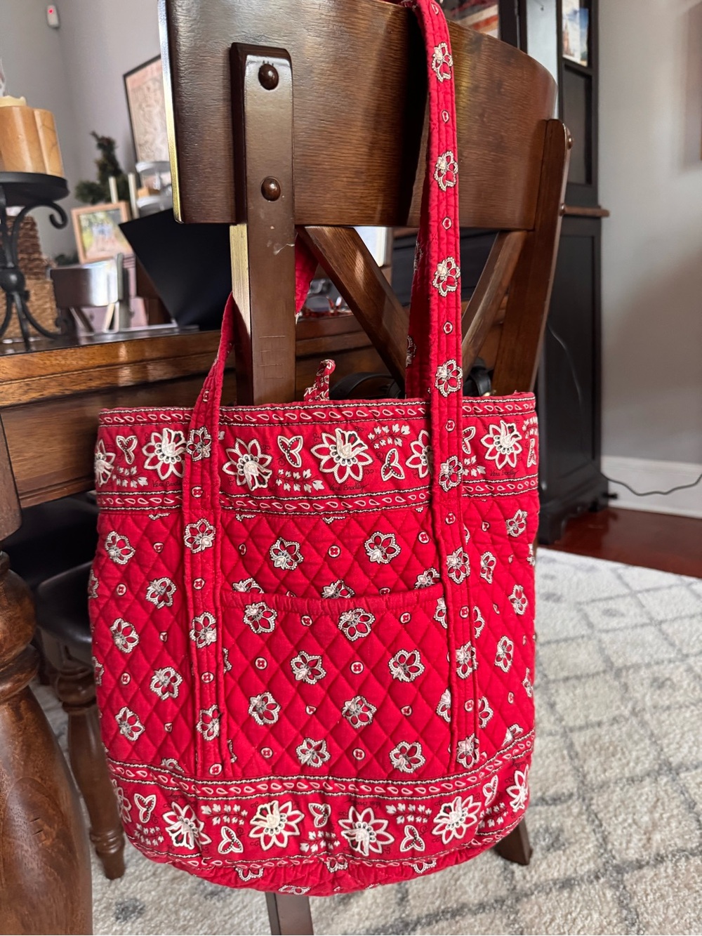 Red Quilted Floral Tote Bag